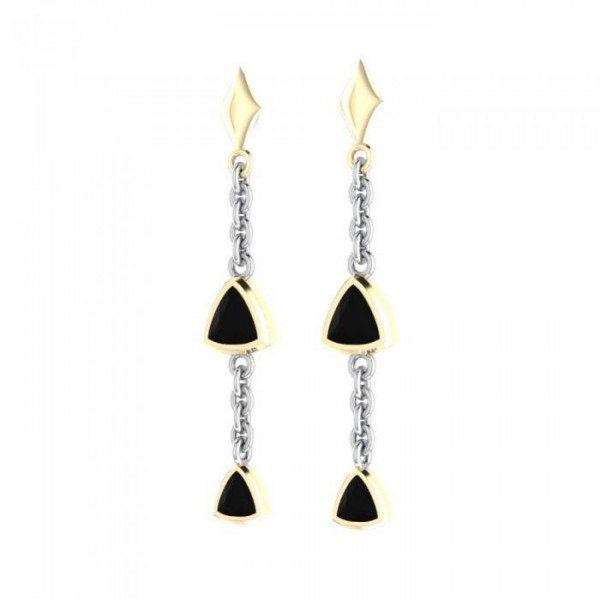 Black Magic Hanging Triangles Silver & Gold Earrings
