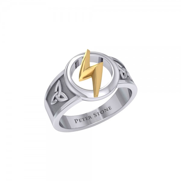 Zeus God Lightning Bolt avec celtic Trinity Knot Silver and Gold Ring