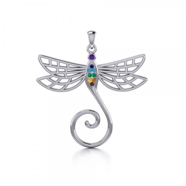 Pendentif Porte-charme en argent Dragonfly avec chakra Gemstone