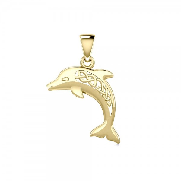Large Celtic Joyful Dolphin Solid Gold Pendant