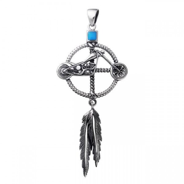 Motorcycle Solar Cross with Feather Pendant