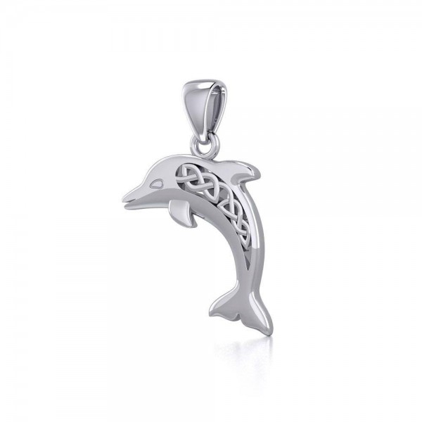 Large Celtic Joyful Dolphin Silver Pendant