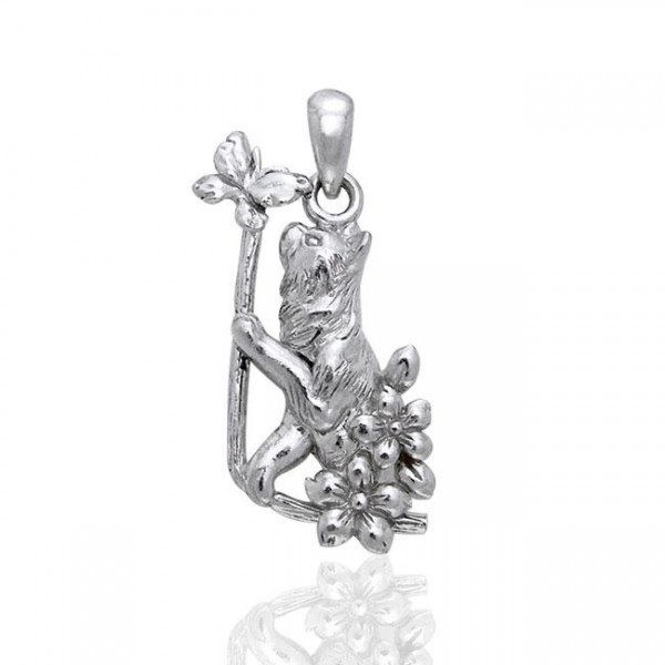 Kitty Cat with Butterfly Silver Pendant
