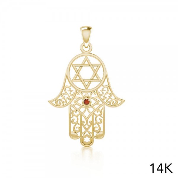 Hamsa and Star of David Solid Gold Pendant with Gemstone
