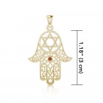 Hamsa and Star of David Solid Gold Pendant with Gemstone
